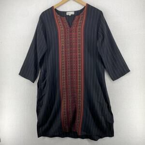 WESTSIDE Tunic M Woolen Kurta Southwestern Striped Split Neck 3/4 Sleeve Black